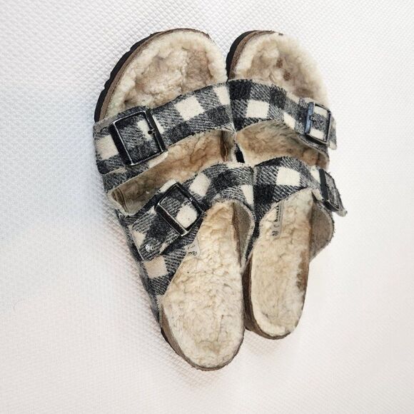 Birkenstock Mens Size 43 US 10 Arizona White Gray Shearling Plaid Natural Wool main image 8